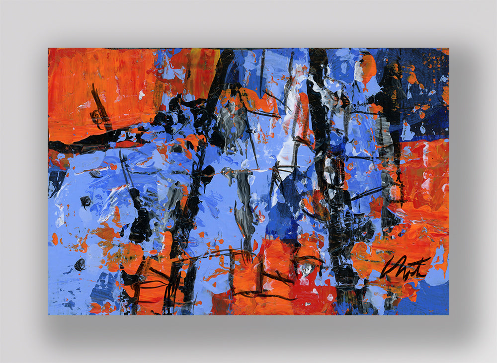 "Blue Orange 243" an Original Abstract Painting. Acrylic on Stretched Canvas. Measures 2x3 inches.