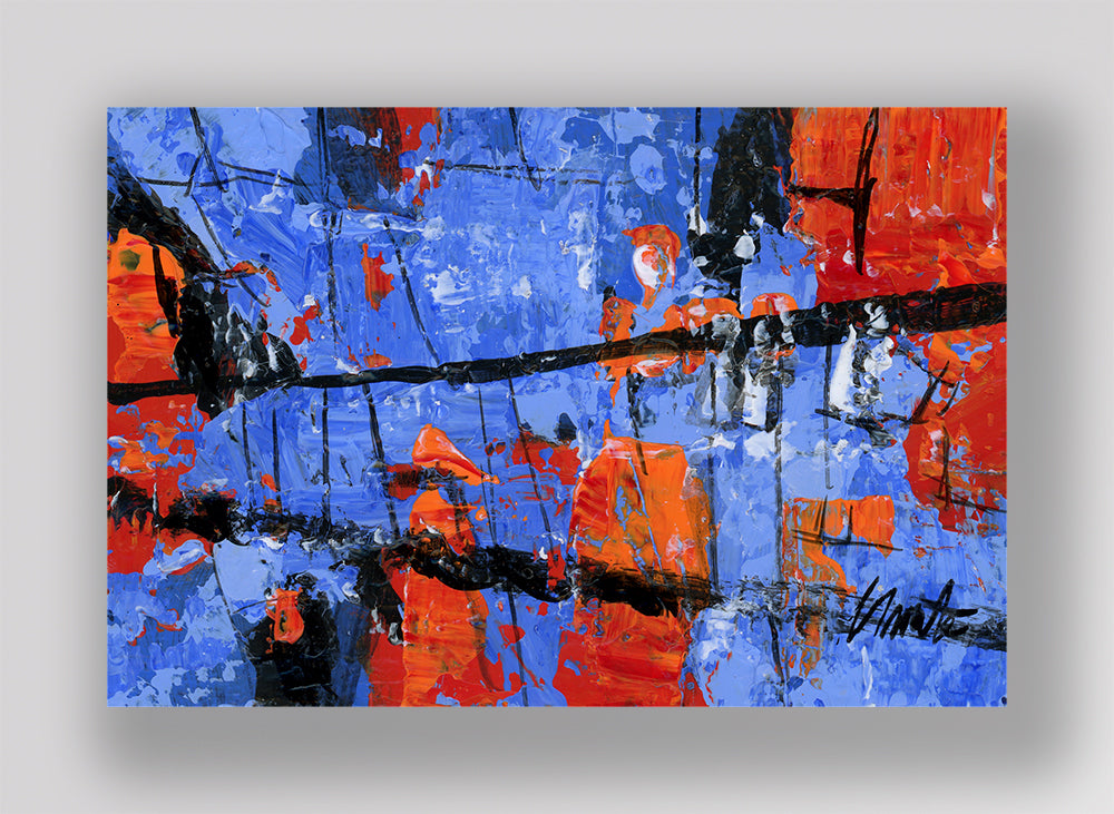 "Blue Orange 244" an Original Abstract Painting. Acrylic on Stretched Canvas. Measures 2x3 inches.